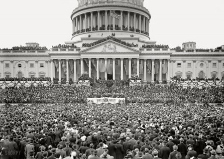 March 4, 1913. Inaugural ceremony, East Front of Capitol. Woodrow Wilson being sworn in as 28th president of the United States.