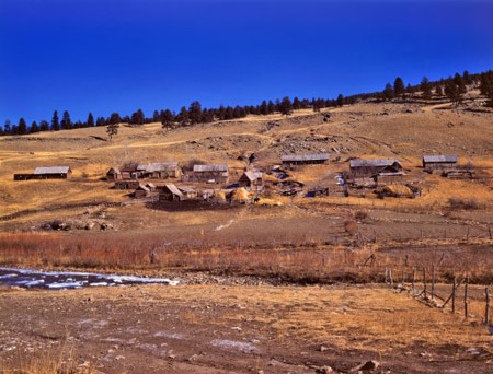 Spring 1943. Romeroville, near Chacon, New Mexico. 4x5 Kodachrome transparency by John Collier for the Office of War Information.